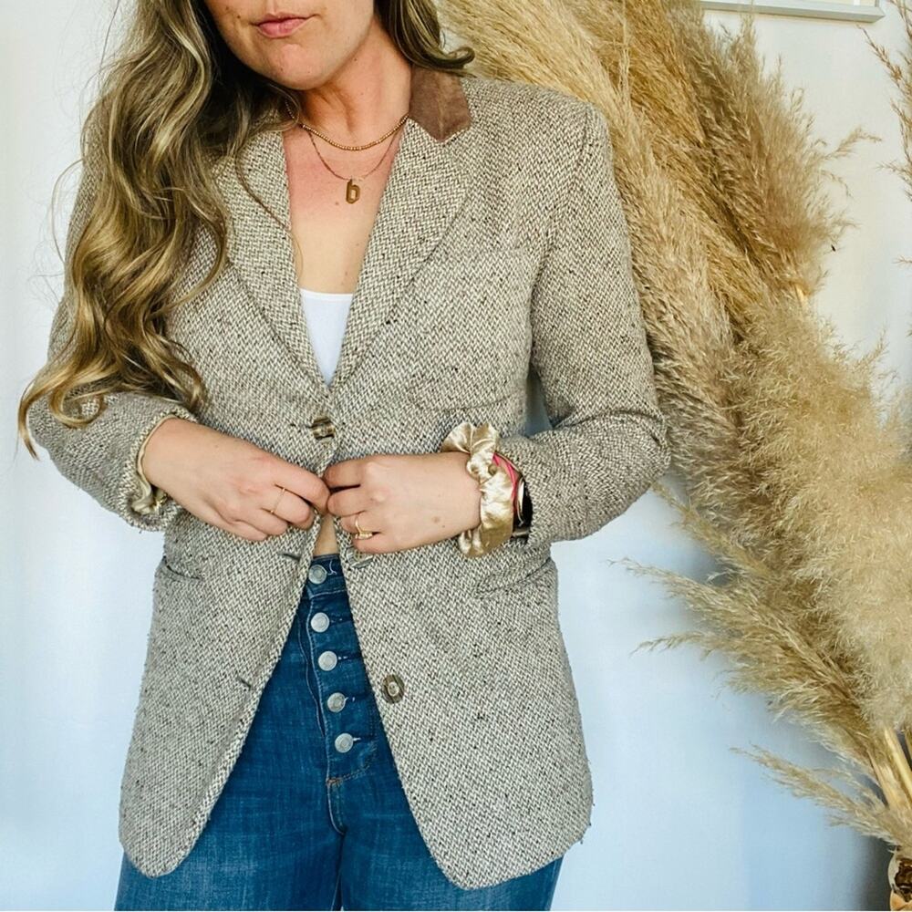 VINTAGE Cream White Brown Faux Suede Tweed Blazer Button Front Pocket Jacket S - Picture 5 of 7